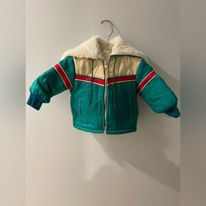 Vintage kids size 18 months Teal and Beige with red stripe Kids Puffer Jacket